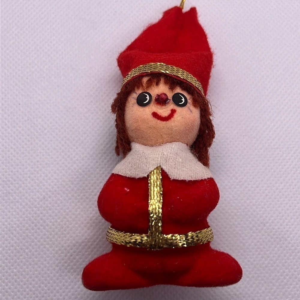 Vintage MCM Christmas Ornaments Flocked Felted Elf, Paper Mache Drummer Santa